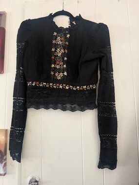 Free People Black Embroidered Lace Long-Sleeve Blouse